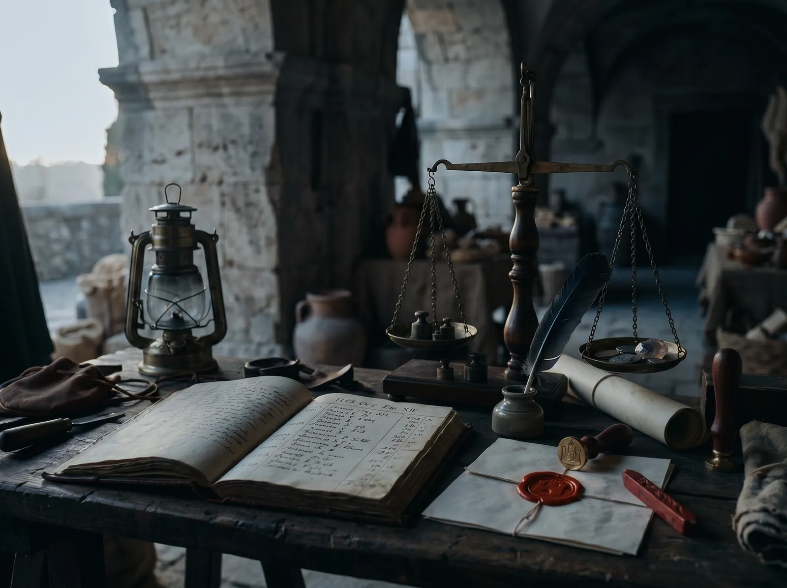 A merchant's ledger desk with a brass scale, quill, and vermilion wax seal under a stone arcade
